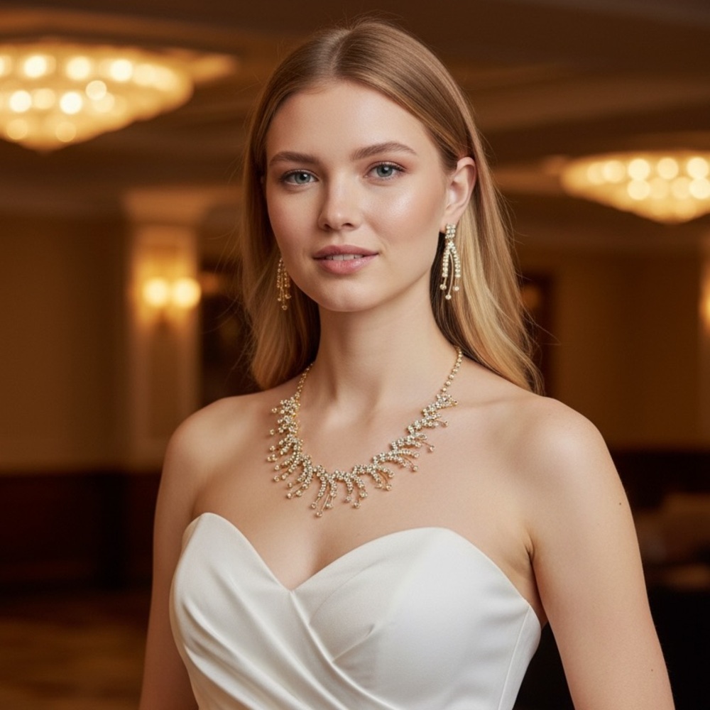 NWT Gold Rhinestone Statement Necklace & Earring Set